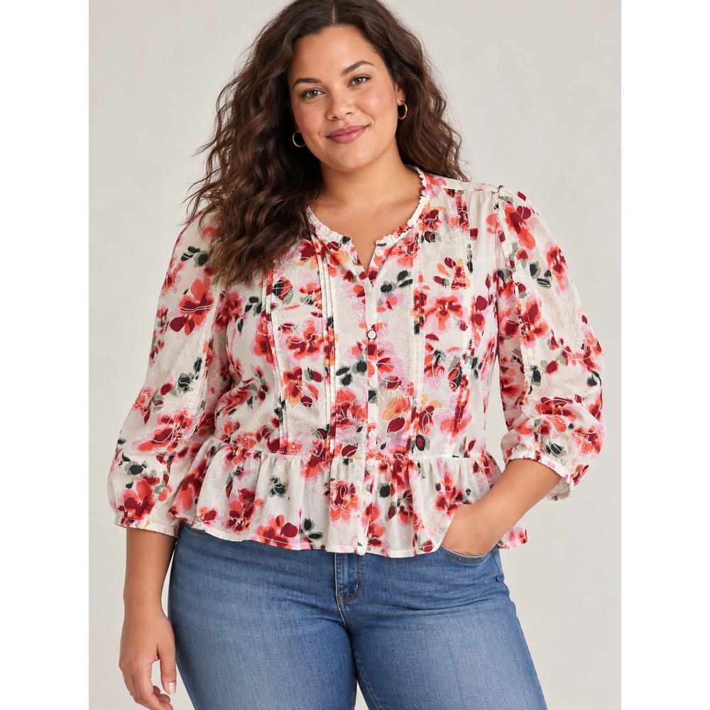Sam Edelman Floral Eyelet Puff Sleeve Peplum Blouse XL Red Pink JSEW0339-ART